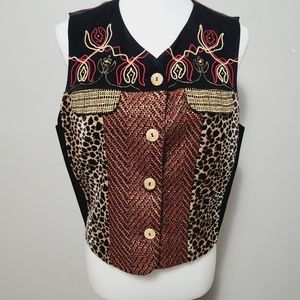 Vintage Carole Little leopard tweed embroidered waiatcoat vest size 12